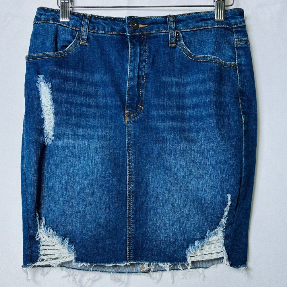 Wax Jean Denim Mini Skirt Womens Small Dark Blue Distressed Raw Hem - Picture 2 of 6